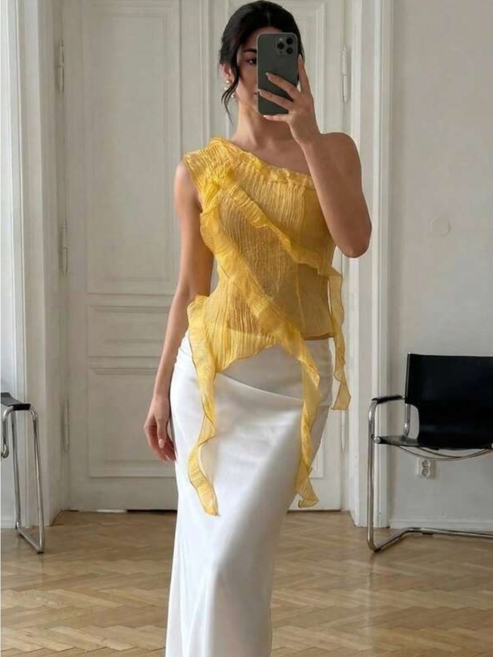 Zara One-Shoulder Ruffle Camisole in Pale Yellow